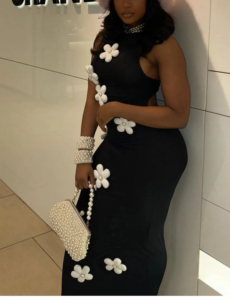 女性のセクシーなノースリーブ中空ドレス春と秋のファッション取り外し可能なフラワープルオーバーミッドウエストスタンドアップカラーロングスカート