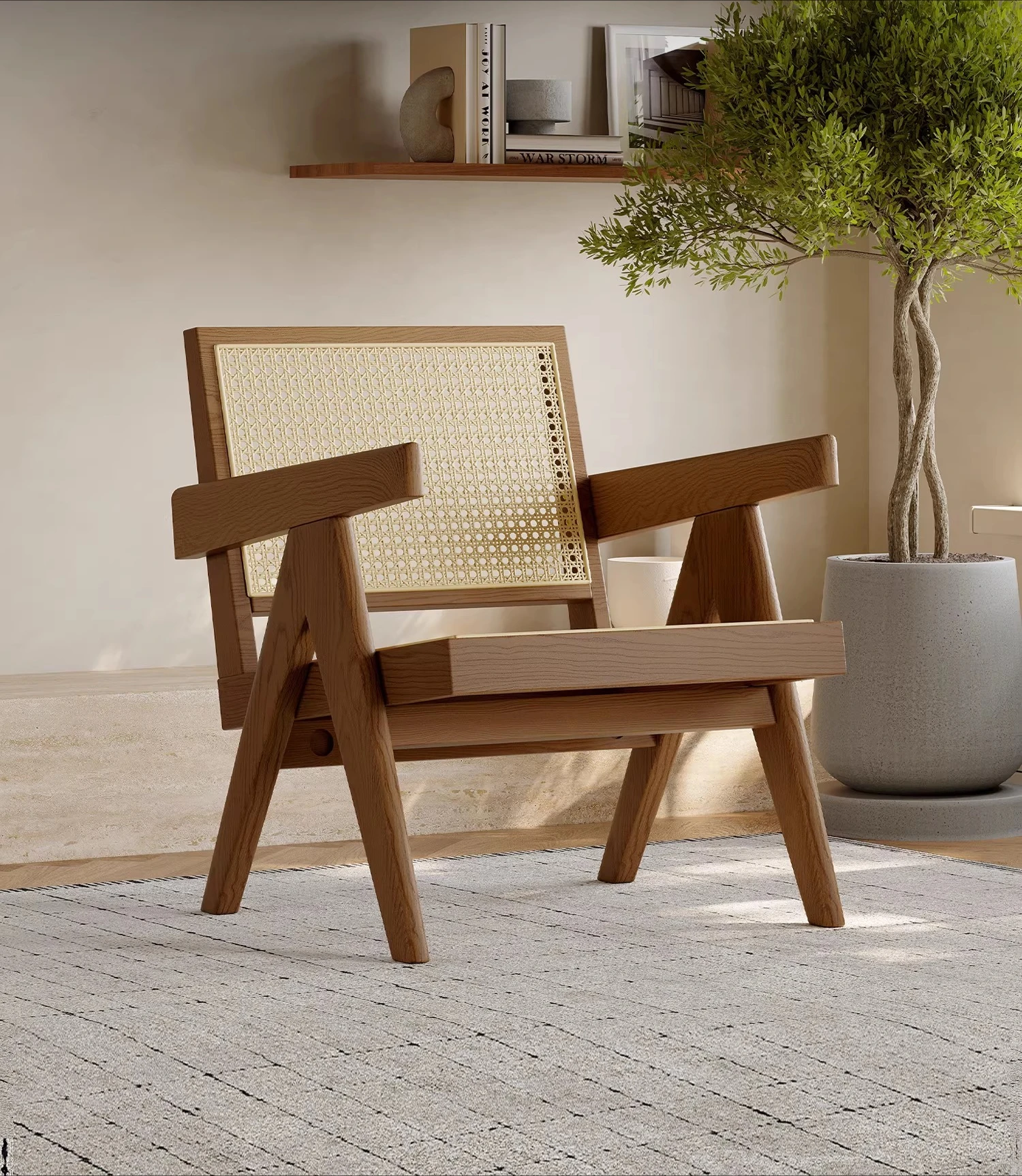 

Sofa chair wabi-sabi wind solid wood rattan leisure chair retro balcony living room antique chair recliner