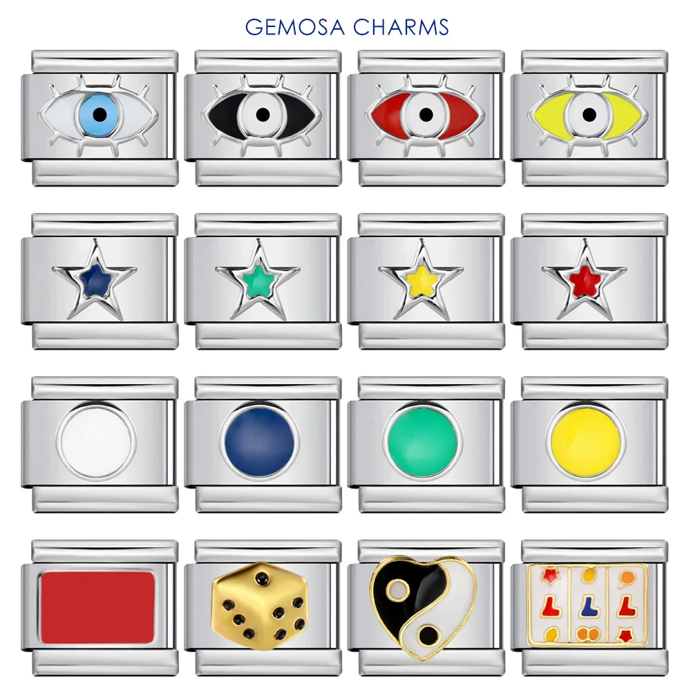 GEMOSA Fashion Women Men Y2k Eye Star Round Square Dice Italian Charm Link Fit 9mm Stainless Steel Bracelet DIY Making Jewelry
