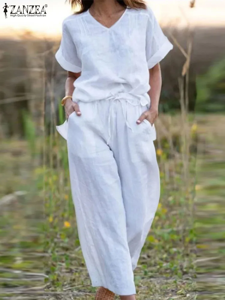 Conjunto De Pantalón Y Blusa Corta ZANZEA-Conjunto De Pantalón Y