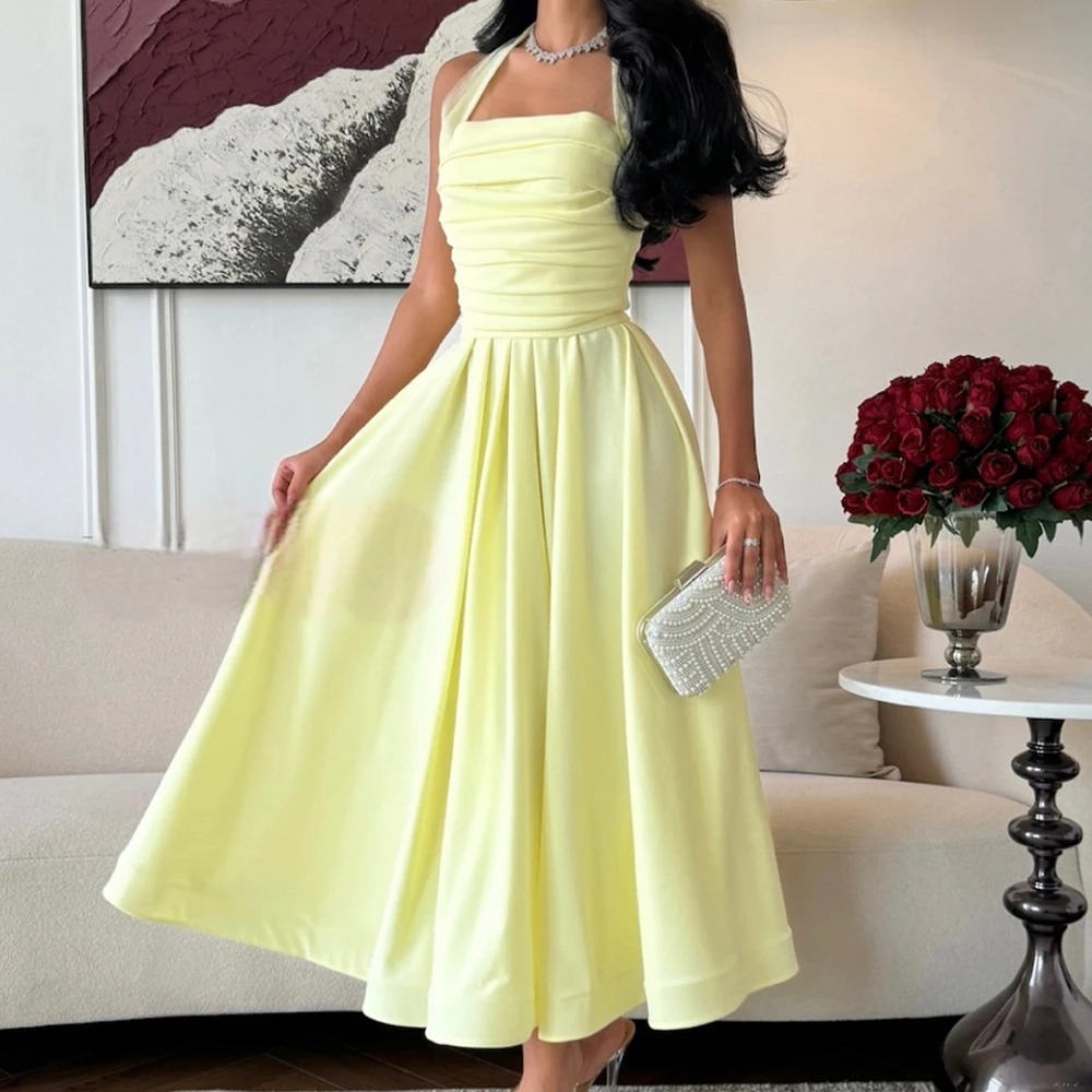 Graceful Satin Evening Dresses Temperament A-Line Ankle Length Halter Sleeveless Custom Size Zipper Back Special Occasion Gowns