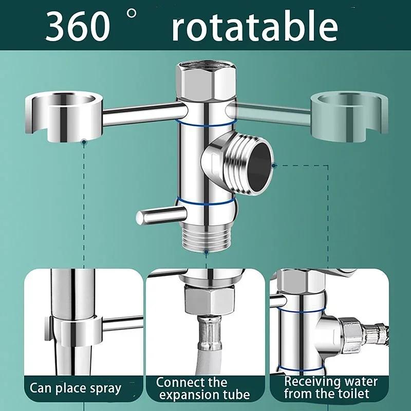 

Bass One-In Two-Out Water Angle Valves Shower Head Adapter With 360° Rotating Stand Base Bathroom Accessories