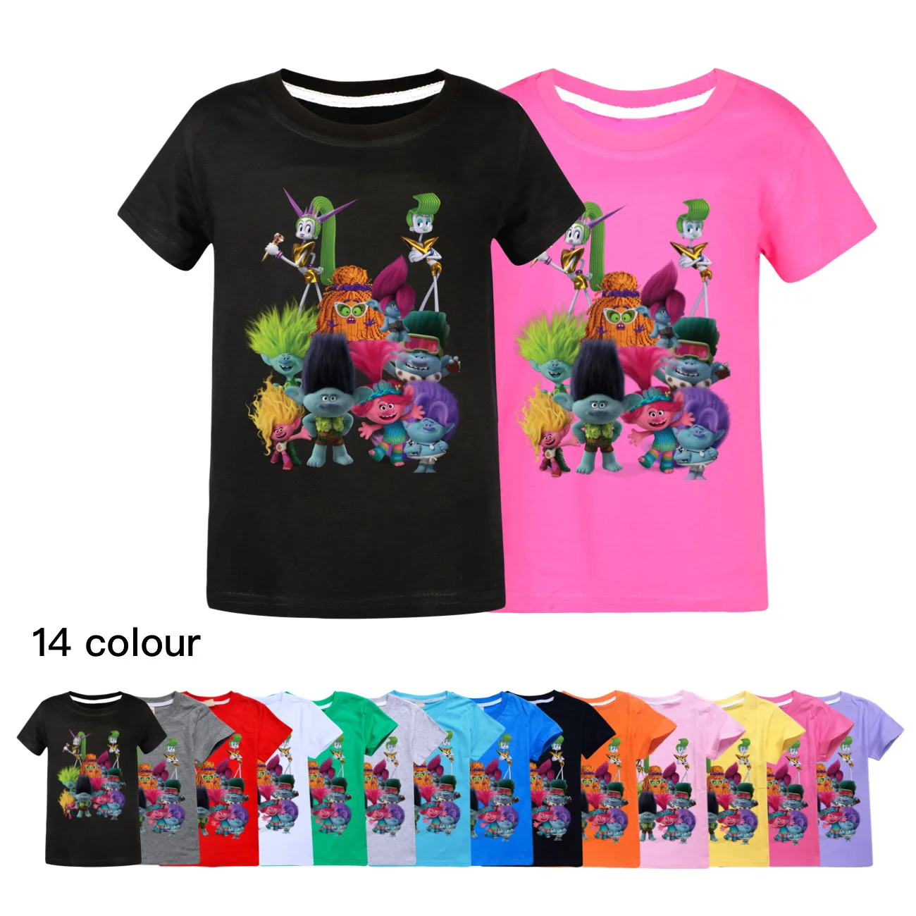 

Summer Kids TROLLS' WORLD Top Short Sleeve T-shirt Cotton Tshirts Girls Clothes Boys Tee costumes kawaii christmas shirt 3311