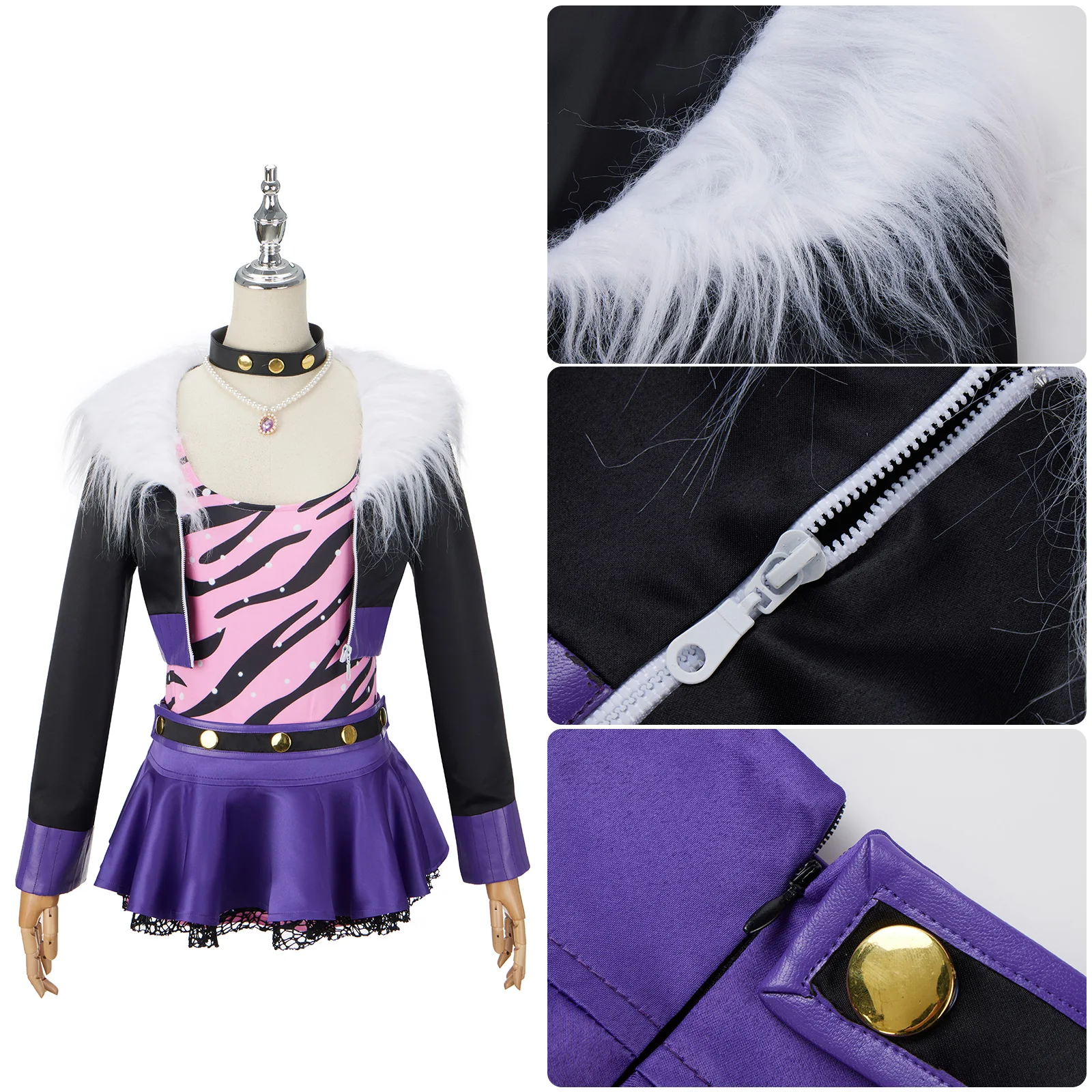 Wolf Girl Cosplay Costume Anime Women\'S Purple Fur Collar Leather Jacket Short Skirt Set With Necklace Halloween Uniform Set