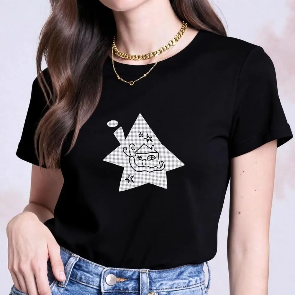 Star House Graphic T-Shirt Women Y2k Summer Short Sleeve Gingham Print Vintage Tops Female Clearance Sales Women's Clothing