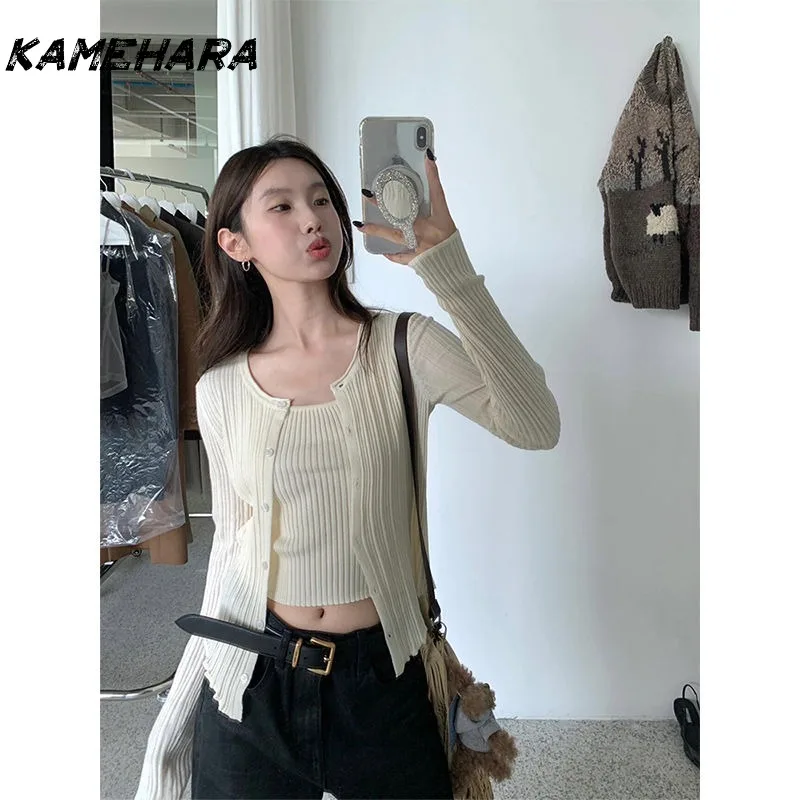 

KAMEHARA Early Spring Korean 2-piece Hot Girl Pure Desire Short Tank Top Knitted Cardigan Top Female Clothing Футболка Смешная