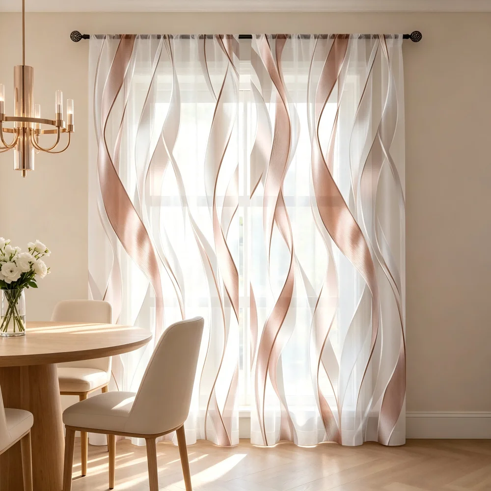 2PCS Digital Print Sheer Curtain, Rose Gold Wave, Luxurious Modern Elegant - Voile Drapes for Bedroom Living Room Decor