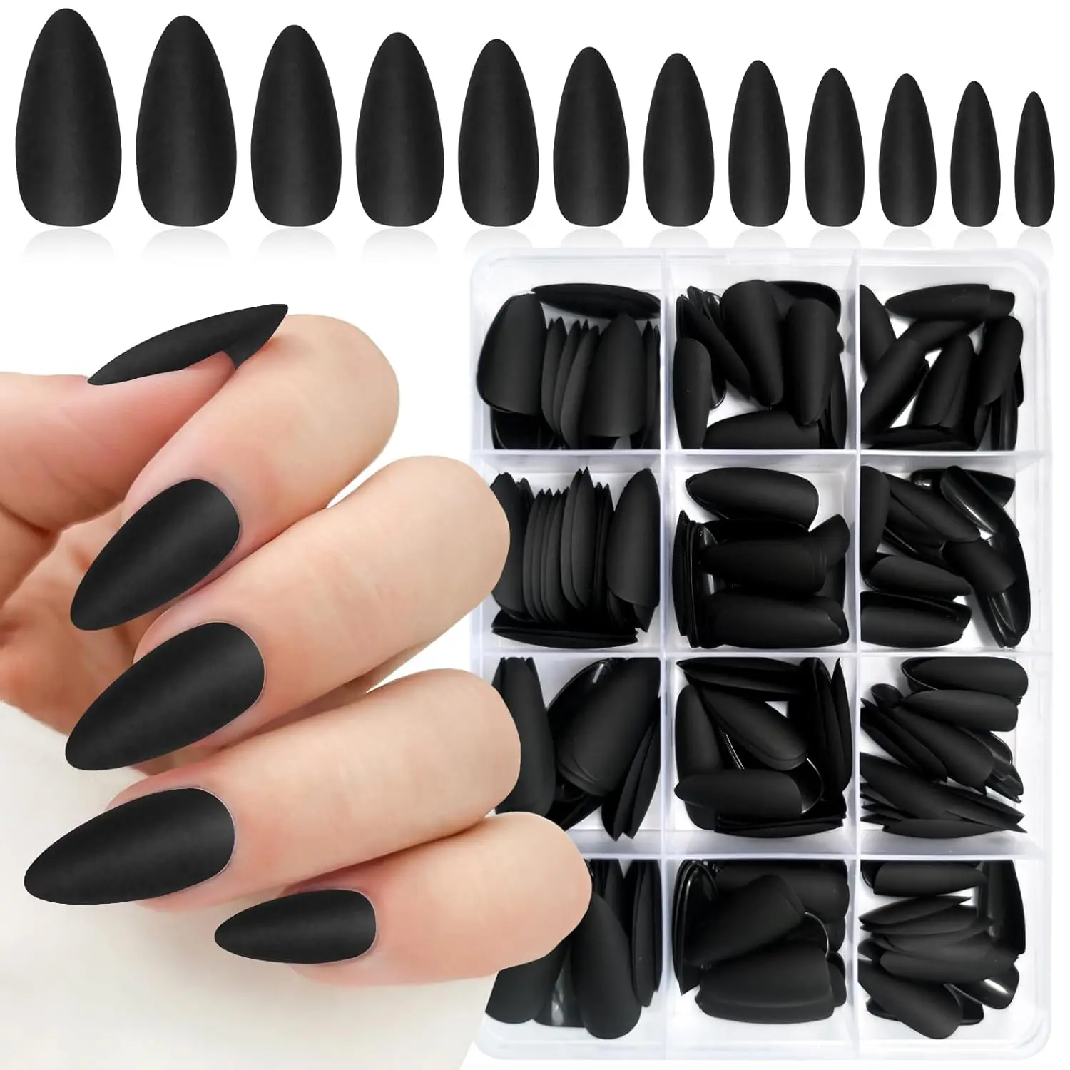 240 Stück Mandel-Nägel zum Aufdrücken, mittellange künstliche Nägel, schwarz, matt, Mandel-Nägel, kurze Stiletto-Falschnägel für Frauen