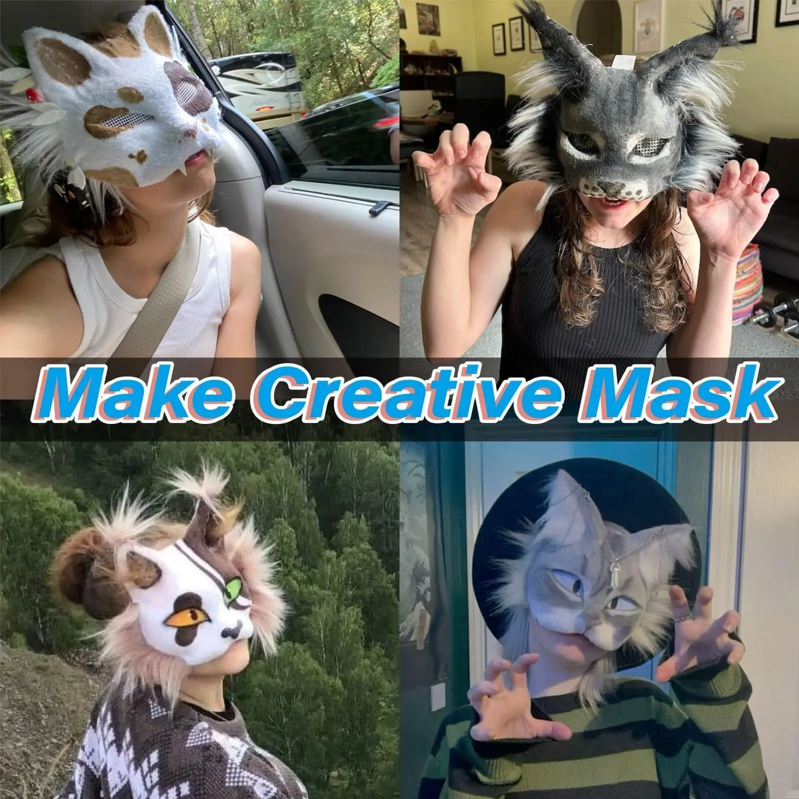 3/6 مجموعة لتقوم بها بنفسك مجموعة قناع Therian نصف الوجه رسمت باليد قناع القط أقنعة ذاتية الصنع قناع القط الأبيض الفارغ لحفلة تنكرية كرنفال