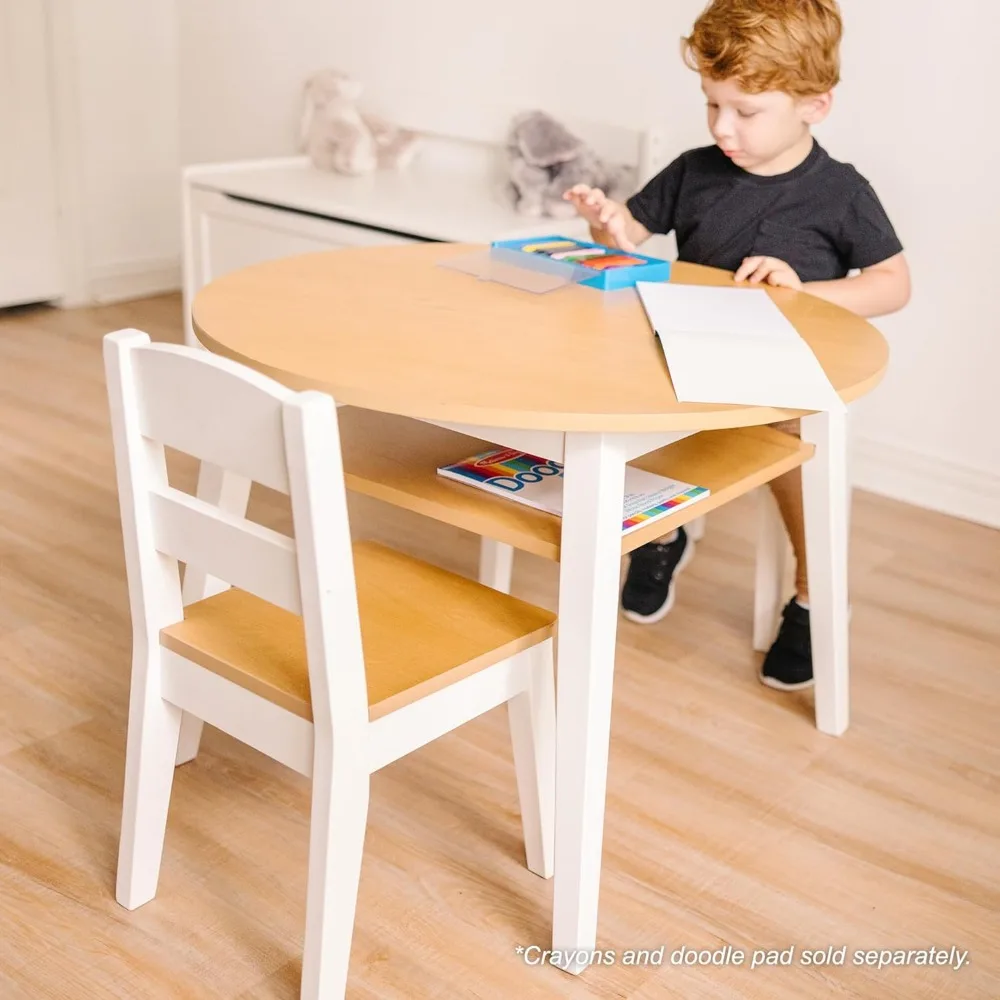 Mesa redonda de madera y 2 sillas para niños, muebles para sala de juegos, grano de madera claro y blanco, acabado de 2 tonos, dos tonos