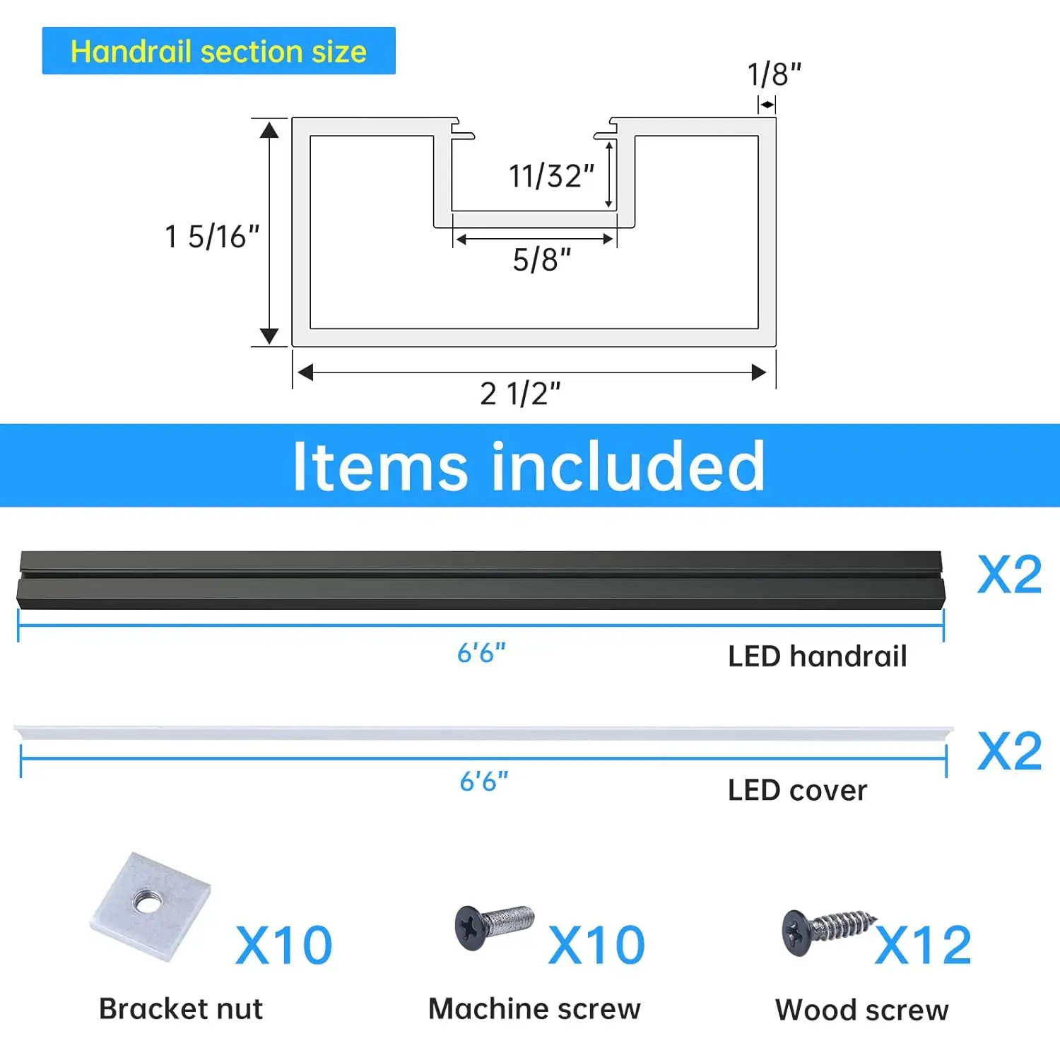 2 pak 6'6 "LED pegangan aluminium hitam, LAMPU pegangan persegi panjang bercahaya pegangan tangan kabel rel atas sistem pagar dek