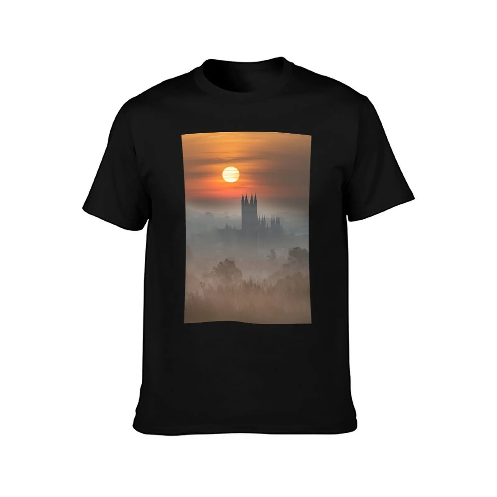 Canterbury Cathedral Misty Sunrise T-Shirt, Novelty Saying Tshirt, Soft Cotton Crew Neck Everyday Top