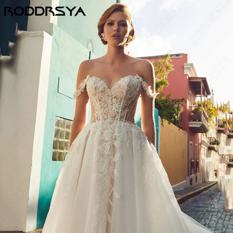 RODDRSYA-vestido de novia de línea A con hombros descubiertos, vestido de princesa bohemio de encaje con escote Corazón, tul, fiesta nupcial, Perla elegante, tren de barrido sin espalda vestido de novia de línea A con