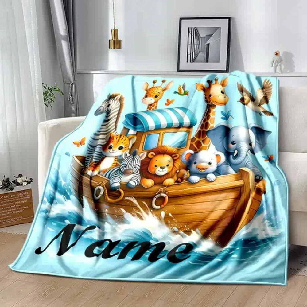 1Pc Custom Name/Text Cute Animal Nautical Pattern Flannel Blanket, Soft and Comfortable,Suitable for Office, Home, Holiday Gift