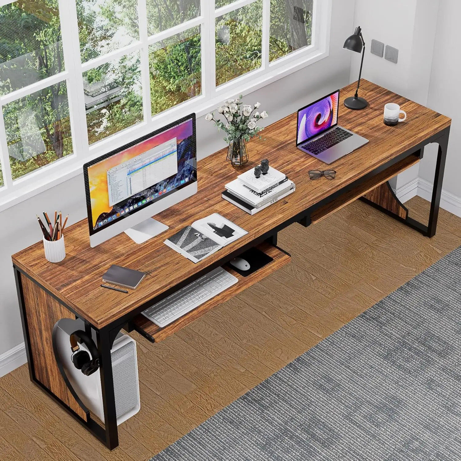 

78.7” Extra Long Home Office Computer Desk with Keyboard Tray, Double Workstation for Gaming, Writing, and Study, Rustic Brown W