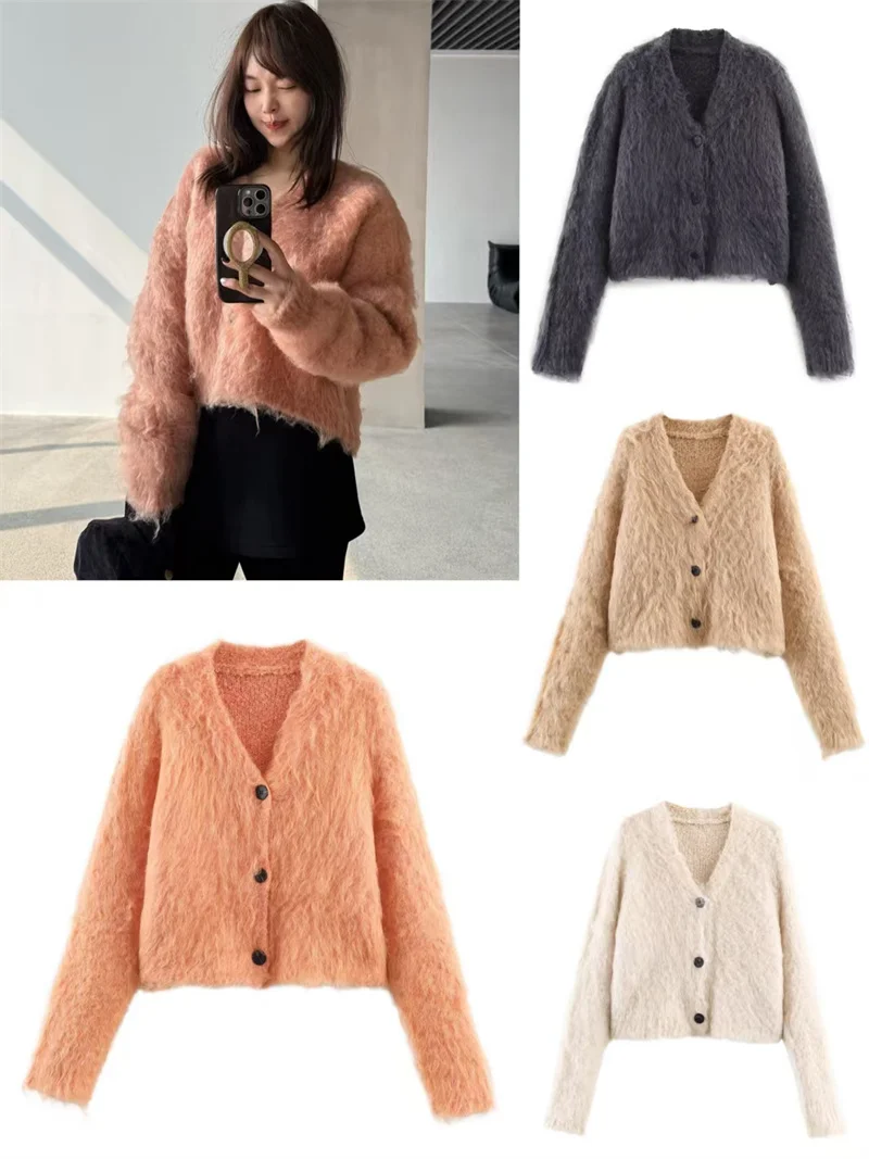 

Women's Jacket 2025 Winter New Style Solid Color Long Sleeve V-Neck Loose Long Fuzzy Cute Knit Cardigan Jacket Casual Fashion