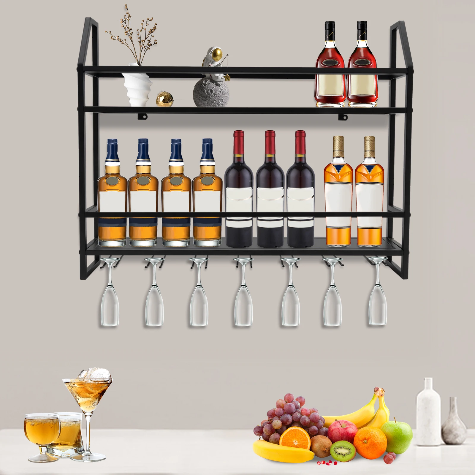 Bar Wine Shelf Wall-Mounted Bottle Holder 20 Bottles & 7 Goblets High-quality