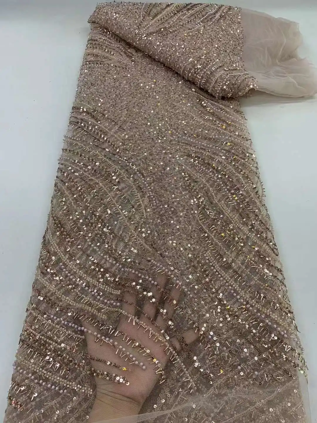 Latest Rose Gold African Lace Fabric 2024 Luxury French Sequins Mesh Lace Fabric High-end Handmade Beaded For Wedding Dress