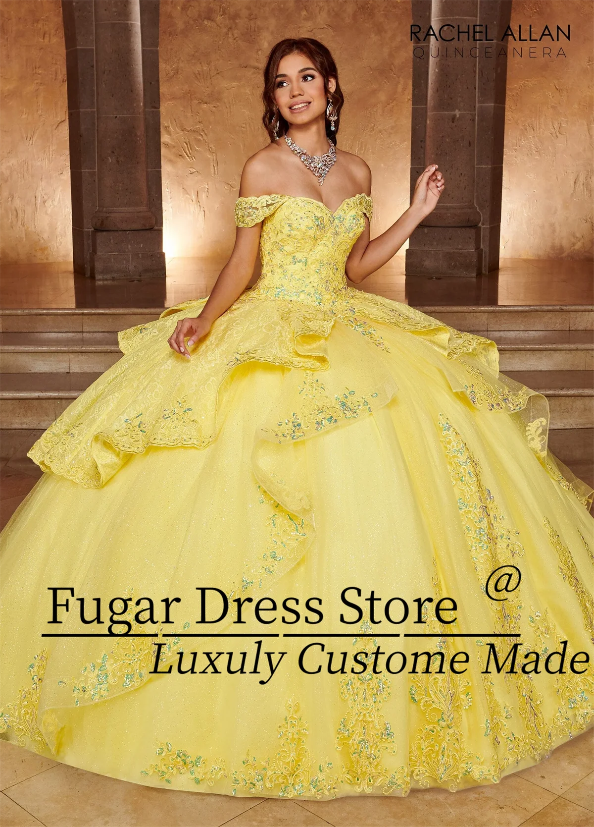 Yellow A-line layering Quinceanera Dresses Fashion Strapless Sequin embroidery beads Detachable bow tie vestidos para niñas