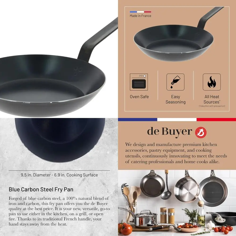 

9.5 French-Made Blue Carbon Steel Fry Pan, 6.9 Cooking Area, 2mm Thick, Oven-Safe, Non-Stick