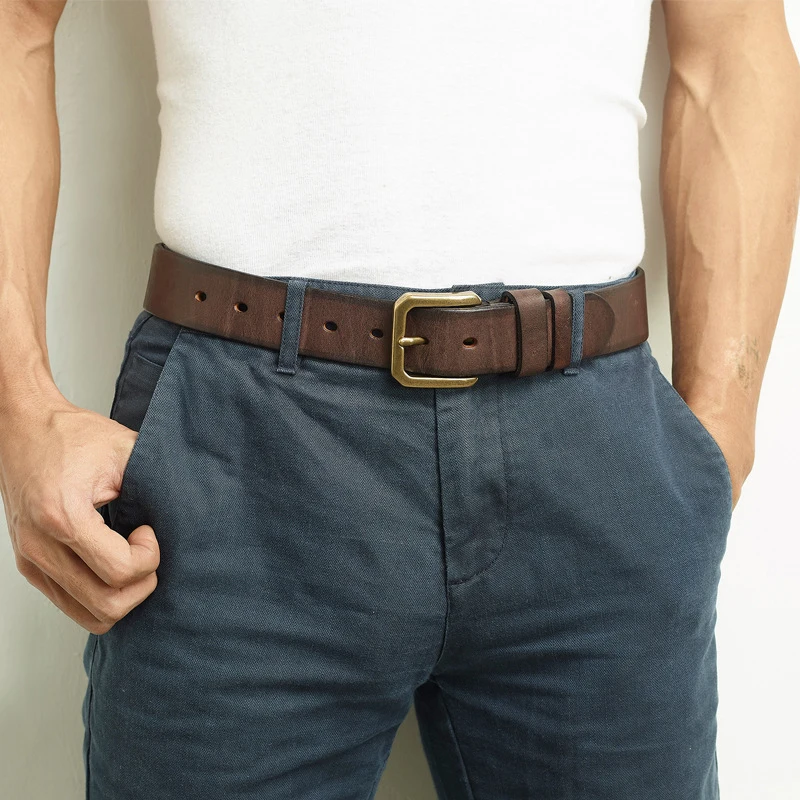 Genuine Leather Pants Belt Thick Cowhide Copper Pin Buckle Belt for Men Casual Retro Adjustable Cowboy Waistband Male