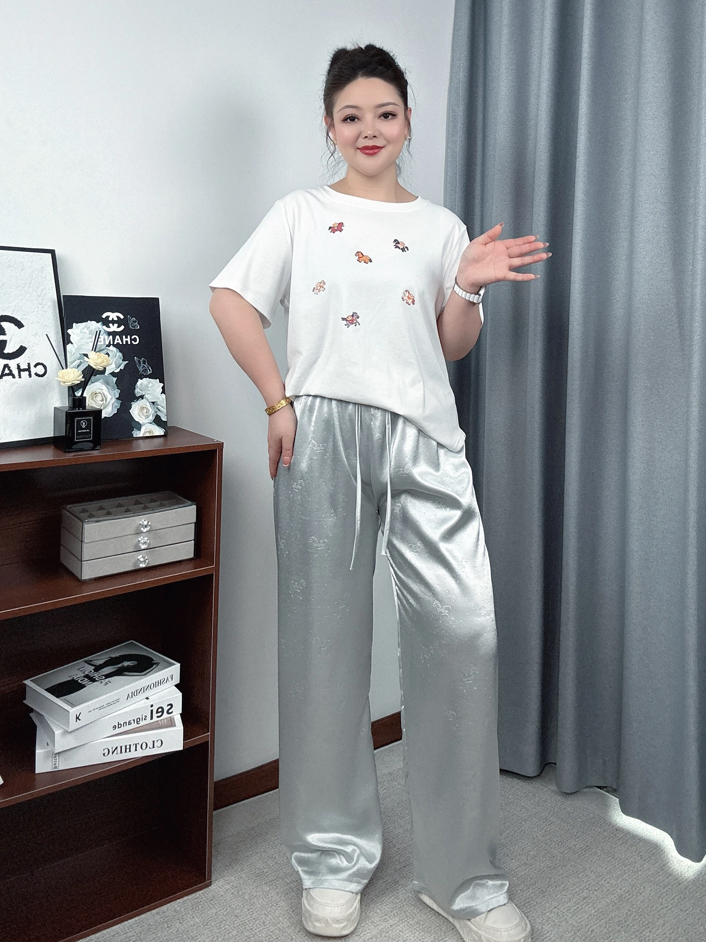 

Новые женские брюки из ацетата свободного кроя с широкими штанинами, высокой талией и прямым силуэтом для полных женщин, коллекция Весна-Лето