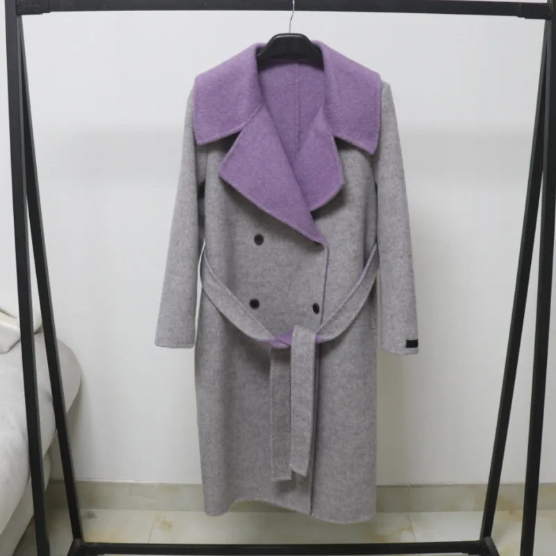 

Модное шерстяное пальто для женщин с контрастными вставками, длинными рукавами, двубортное, свободного кроя, с отложным воротником и шнуровкой