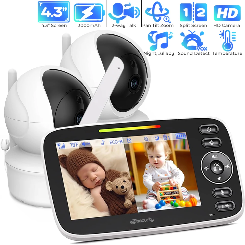 

4.3 Inch Baby Monitor with 2 Cameras Split Screen Baby Phone No WiFi PTZ Nanny Camera Intercom Night Vision Babysitter Video