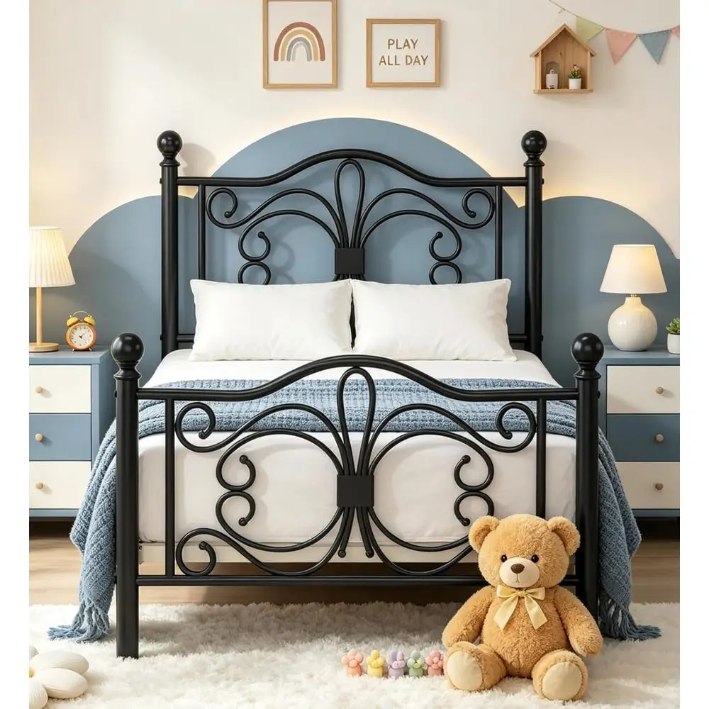 

Twin Size Bed e/Metal Platorm Bed e with Design board & ootboard/No Box Spring Needed/Easy Assembly/Under Bed Storage/Nois