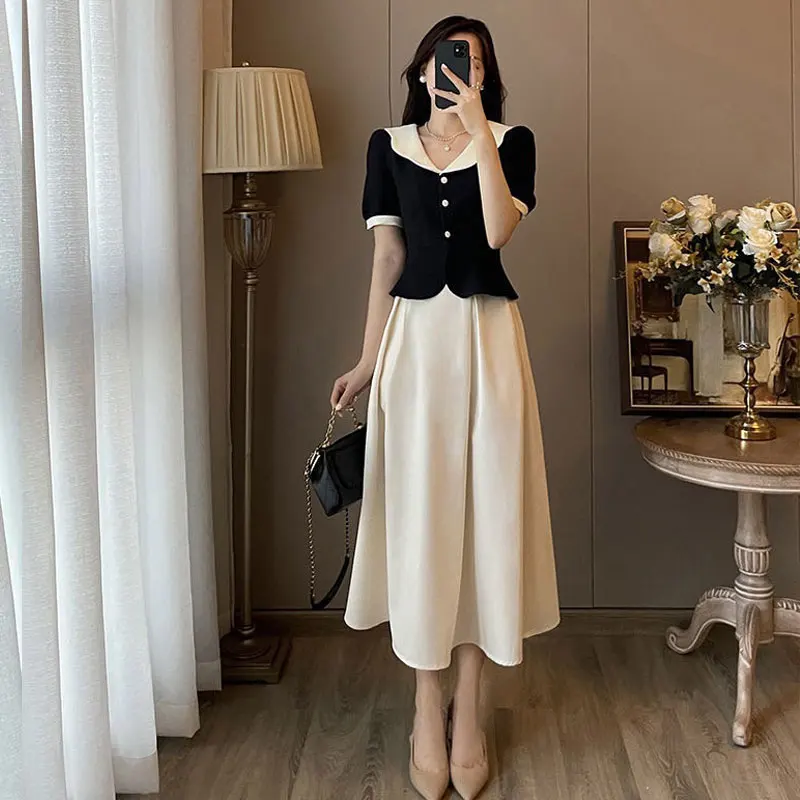 Summer Elegant Women Skirt Sets Retro Office Lady Outifits Puff Sleeve Black Top A Line Skirts Korean Fashion Sweet Hepburn Suit