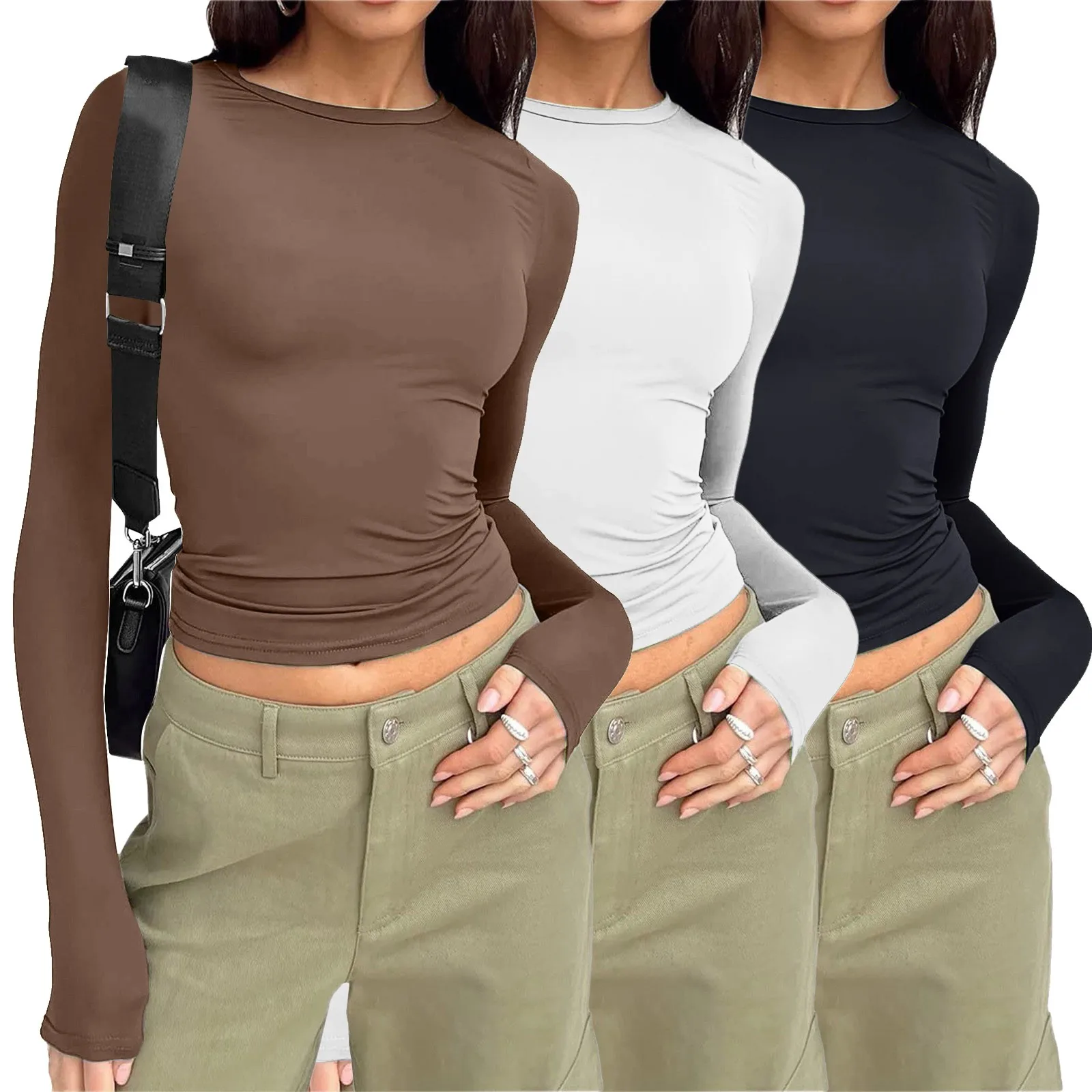 3PC Basic Crewneck Casual Crop Tops for Women y2k Solid Skinny Long Sleeve Slim Fits Stretchy Cropped Tees T-shirts with Thumb