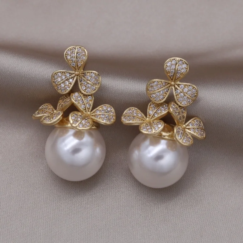 French new design fashion jewelry 18K gold plated flower zircon pearl earrings elegant women's evening party accessories