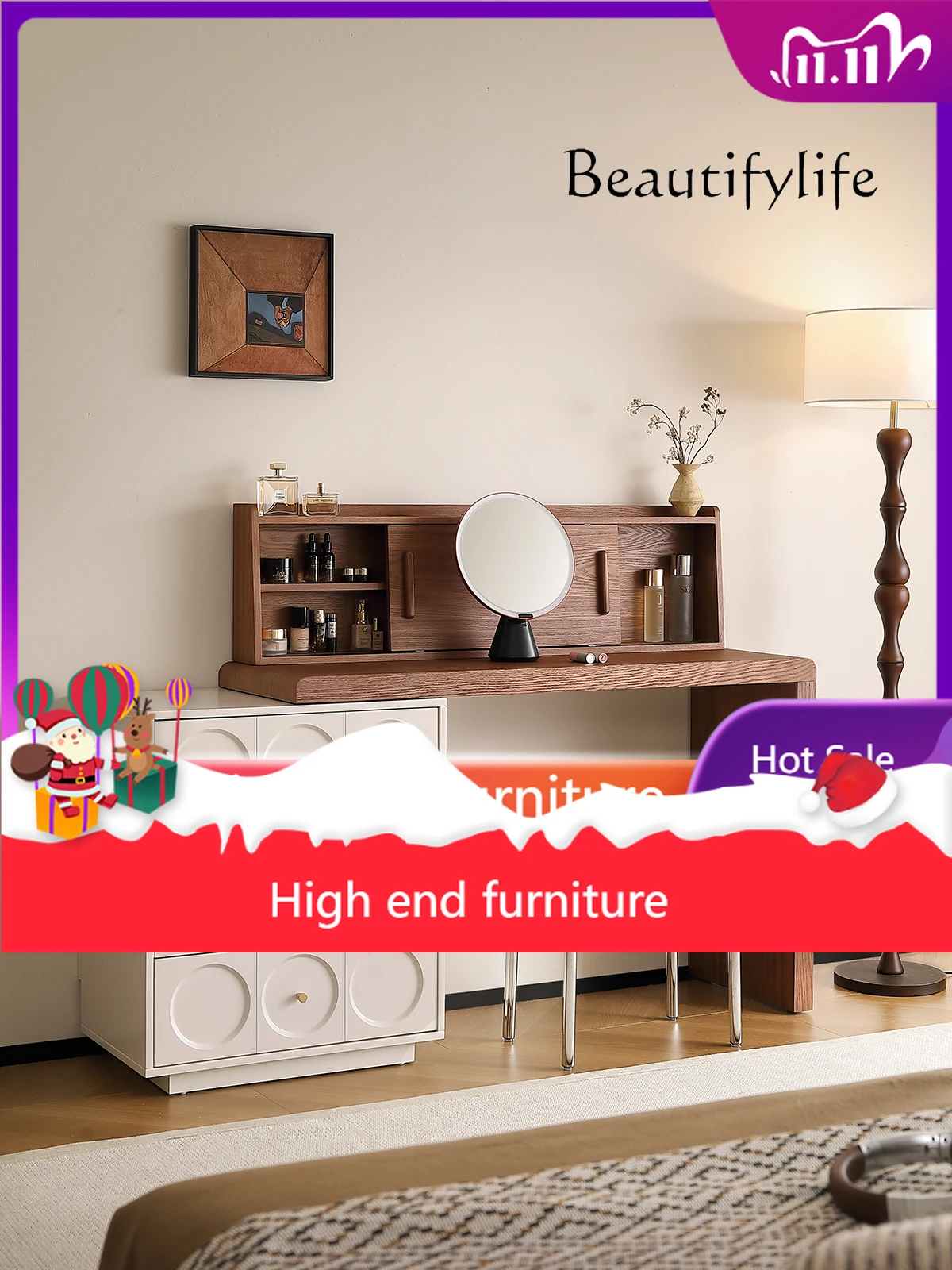 

pP Medieval dresser, end of bed, chest, integrated desk, solid wood dressing table, bedroom corner, French cream wind