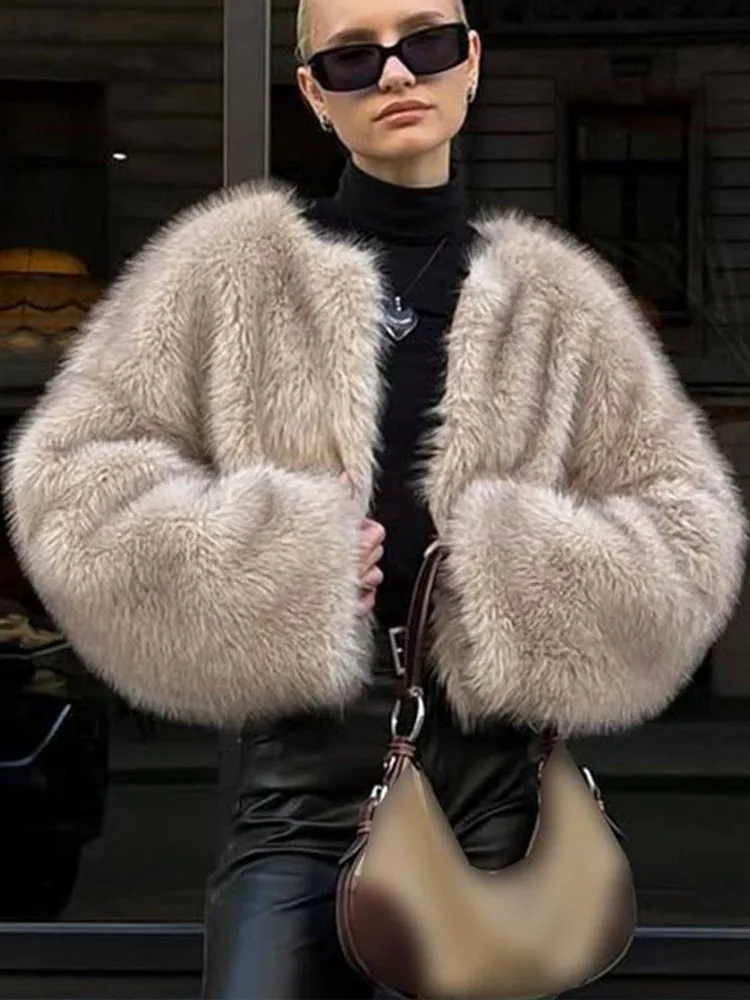 HH, ropa de calle de invierno para mujer, Chaqueta corta con efecto de piel sintética, abrigo Retro de Color sólido con cuello redondo, Top térmico holgado de manga larga para mujer