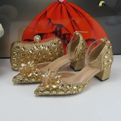 Champagne Golden crystal Bridals Wedding shoes with matching bags Rhinestone high heels ankle strap women party fashion shoes