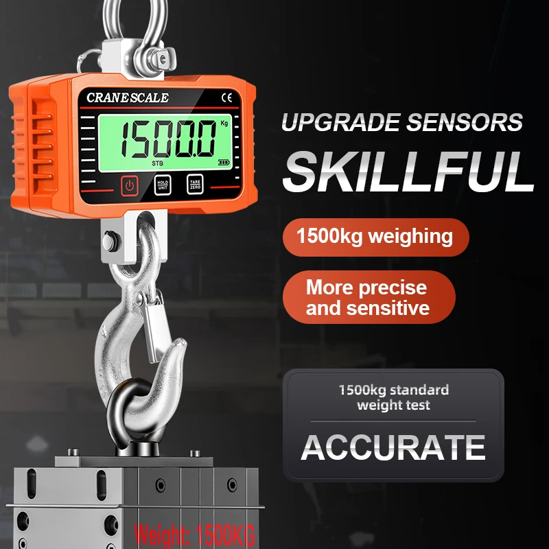 1500KG LCD Portable Digital Hanging Scale 500kg Crane Scales Remote Control Industrial Alloy Steel Hook Site Weighing Balance 1T