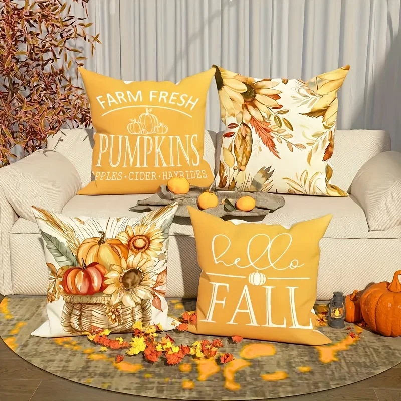 4PCS Fall Throw Pillow Covers 4 Pack 18x18 Inch Autumn Farmhouse Decorative Cushion Cases with Pumpkin Maple Leaf Designs