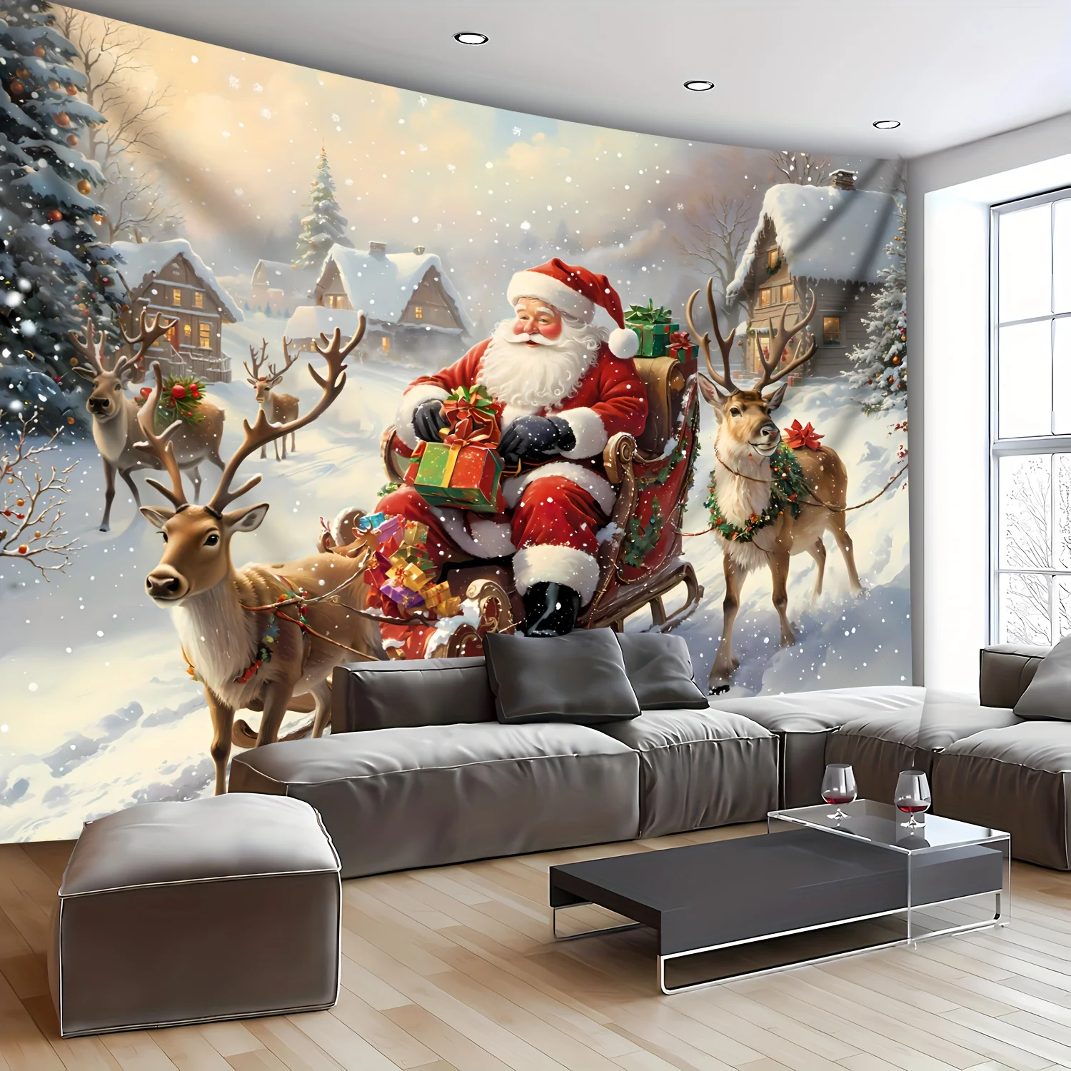 VIKAMA Weihnachts-Wandbehang, Weihnachtsmann-Schlitten mit Rentier-Wandteppich, Wohnzimmer, Schlafzimmer, Büro, Heimdekoration, Party-Akzent