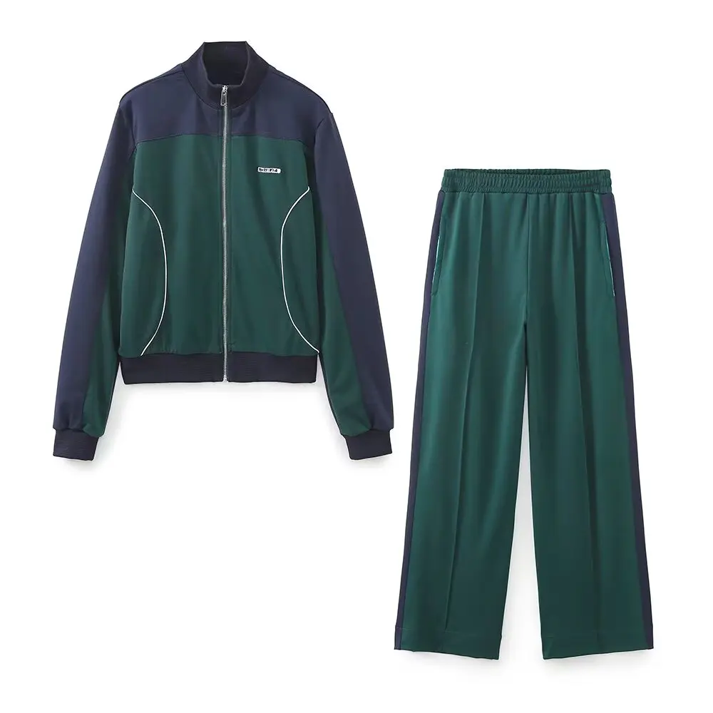 

PB&ZA2025 Summer new women's casual stand up collar zipper retro jacket striped casual sports pants color blocked two-piece set