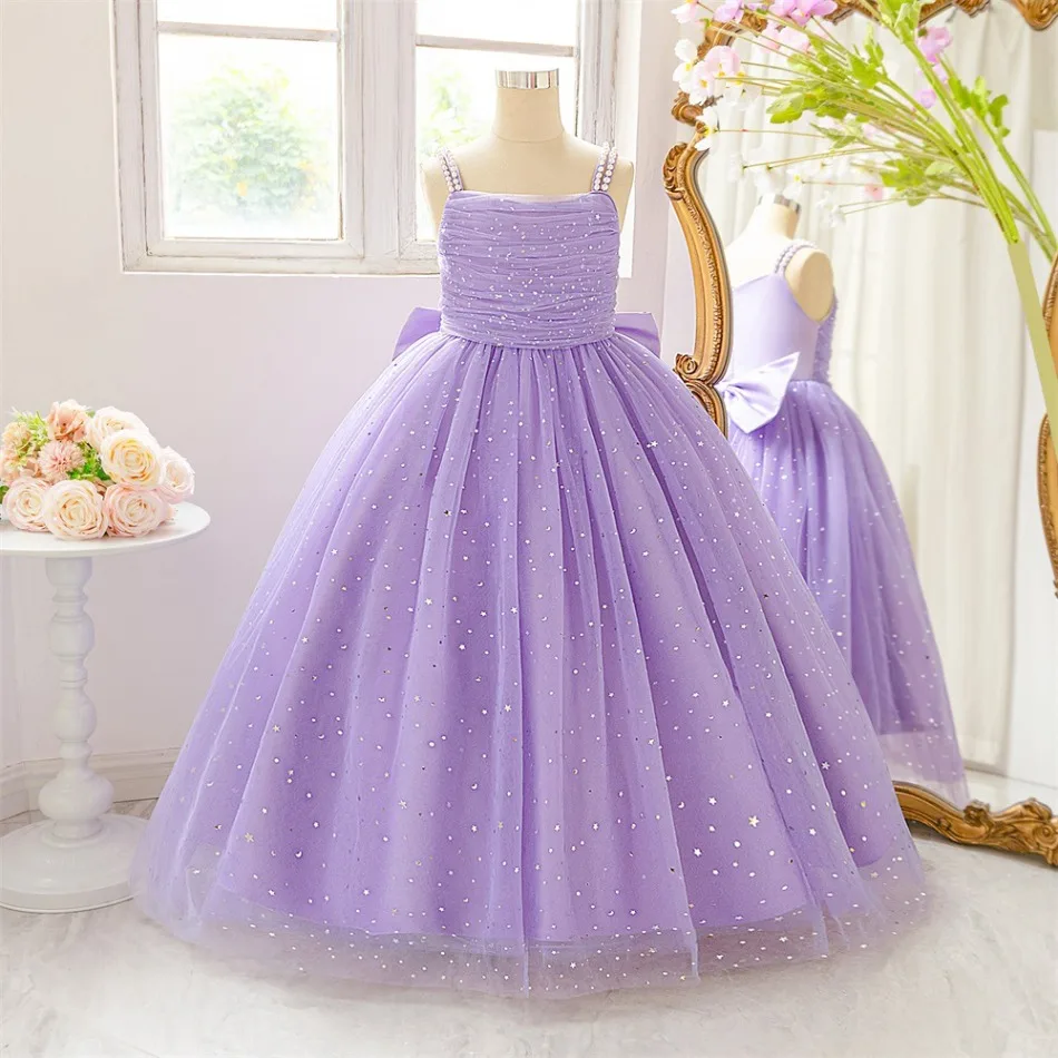 Girl Sequins Bridemaids Dress Summer Big Bow Tulle Wedding Princess Party Prom Dresses Girls Birthday Evening Ball Gown ASQ03