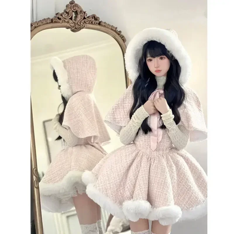 Christmas New Year's Eve Dress Cute and Sweet Dresses Women Winter New Cloak Chic Bottom Shirt Female Corset Skirt 2 Piece Set