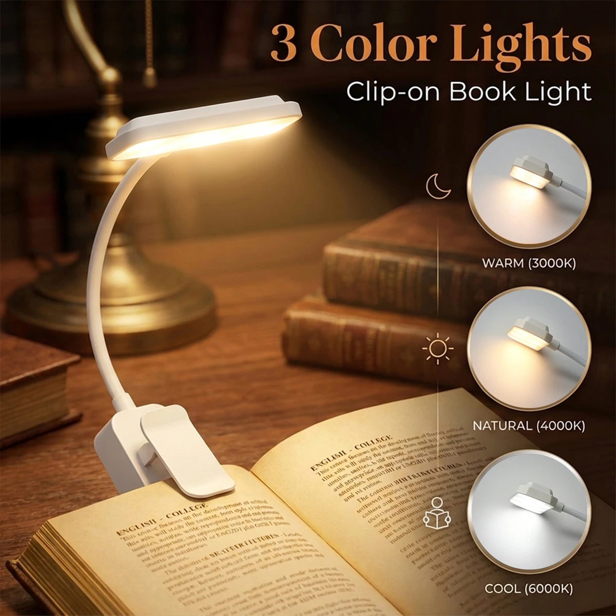 Rechargeable LED Clip On Book Light 3 Color Mode Dimmable LED Night Light Portable Reading Lamp for Bedroom Office Study Reading