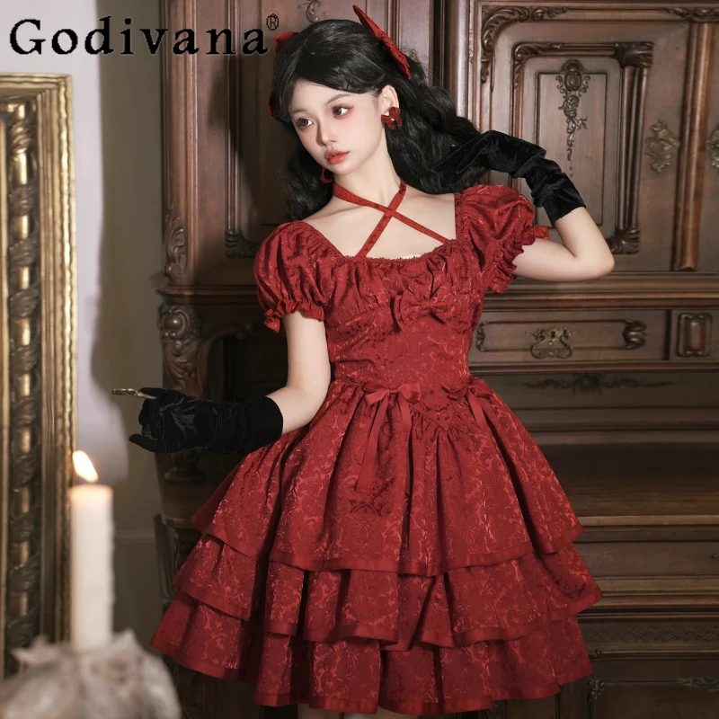 Short Sleeved Op Lolita Dress Women's Black Red Solid Color High Waist Short Dress Female Summer Elegant Cosplay Dress