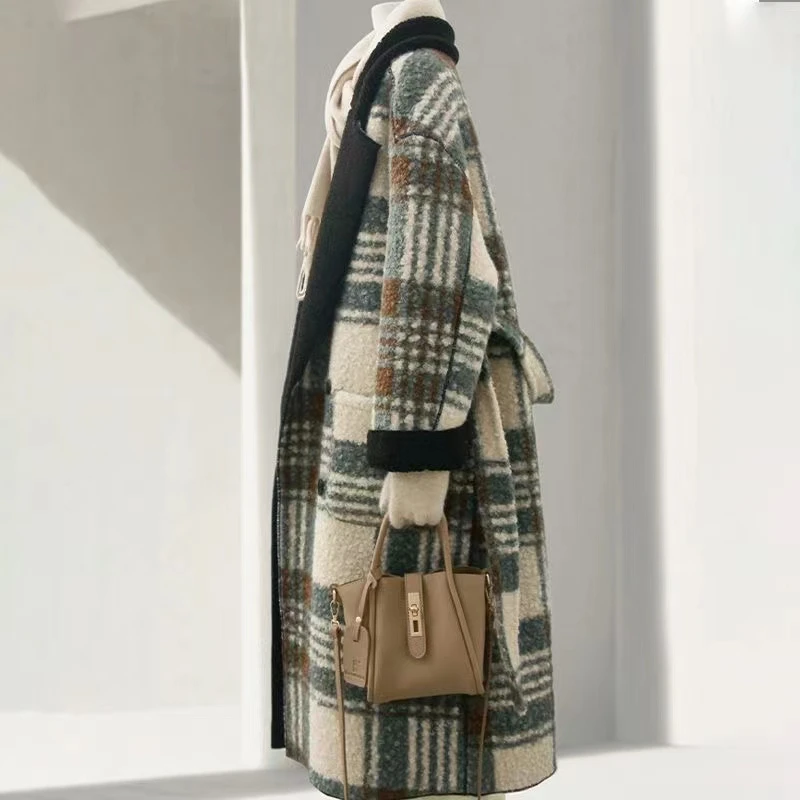 

Sweet Hot Girl Retro Plaid Lamb Wool Coat Women's Winter Turn-down Collar Mid-length Thick Woolen Coat Fashion Female Clothes