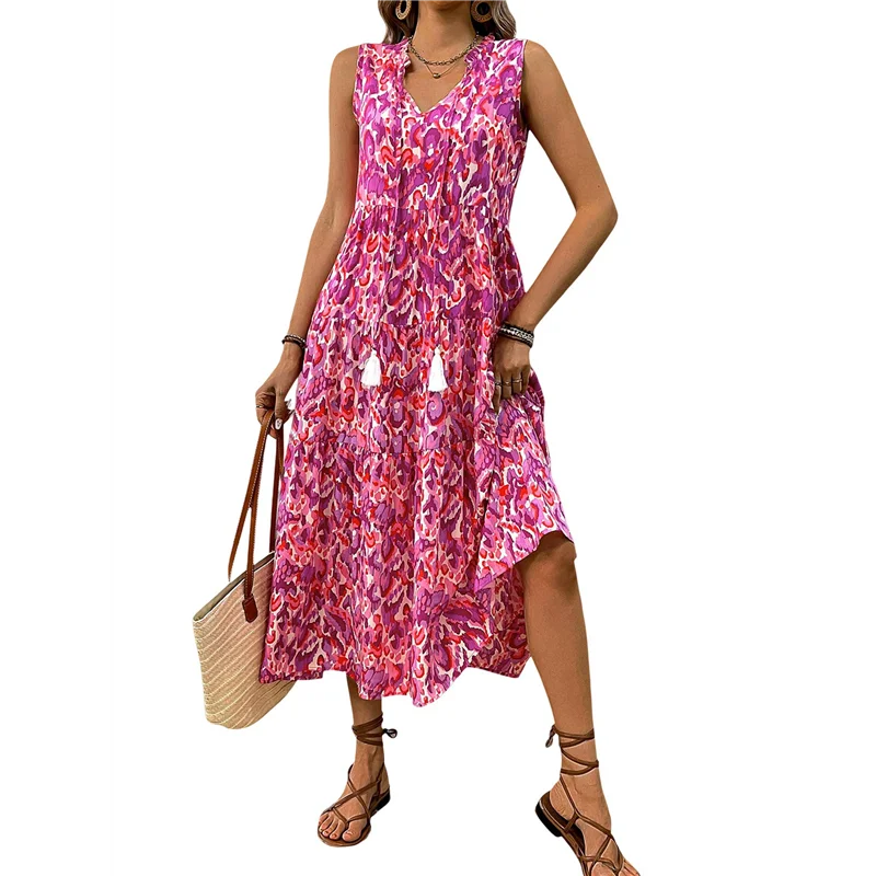 ASDS-Women's Maxi Dress Summer Sleeveless Bohemian Floral V Neck Tie Front Fringe Flowy Long Dress Vacation Beach Sundress