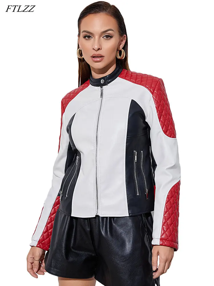 FTLZZ – veste courte en Faux cuir Pu pour femme, col rond, coupe Slim, fermeture éclair, vêtement d\'extérieur rétro pour motard, printemps-automne