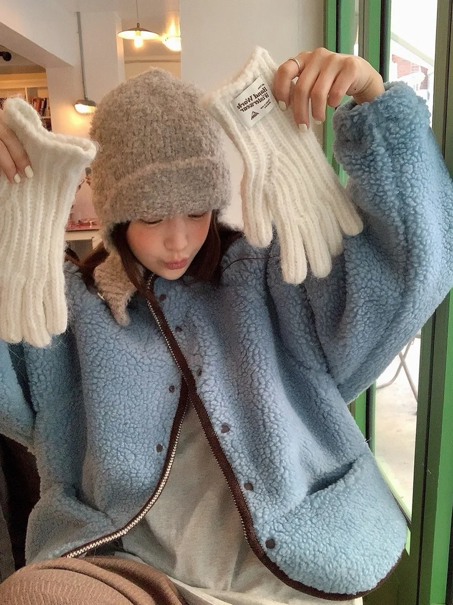 

Chic Vintage Winter Thiened Long Sve Lamb Fur Cotton Jaet Stand Collar Loose Double ket Women's Outerwear Coat