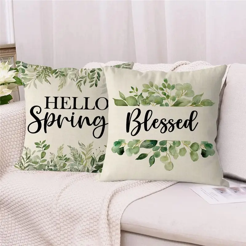 Spring Pillow Covers 18X18 Set Of 4 Spring Decorations Flowers Farmhouse Throw Pillow Home Sofa Decor Cushion Case &LICG