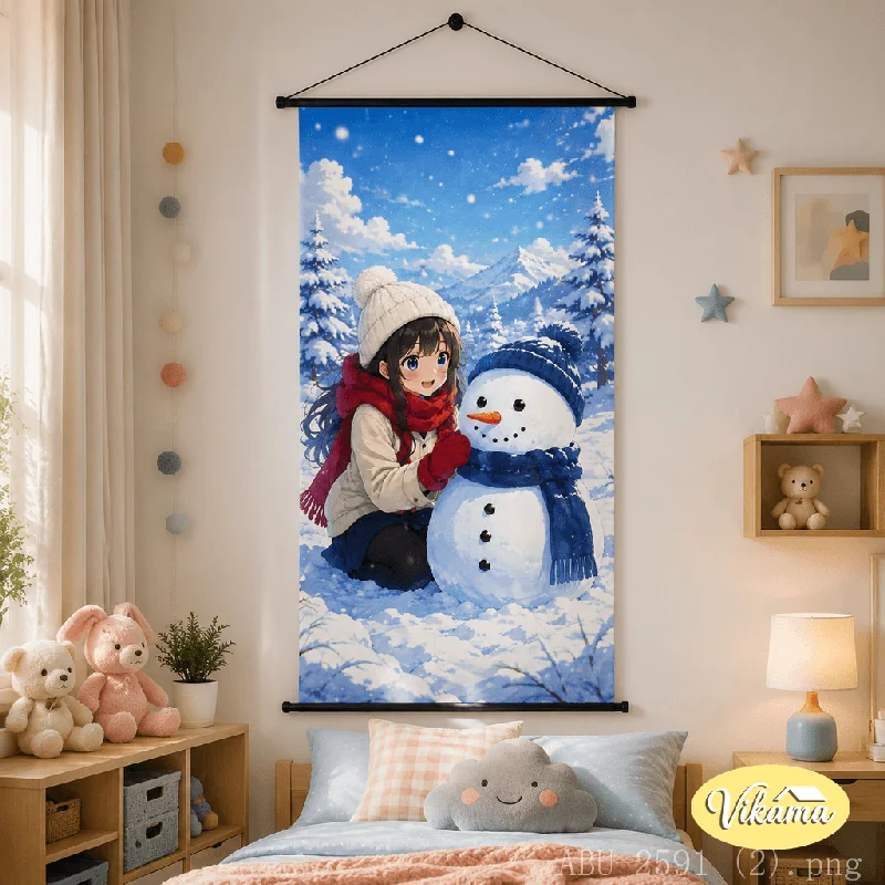 VIKAMA Vertical Anime Hanging Scroll Girl Making Snowman Winter Mountain Canvas Poster Wall Hanging Kids Room Decor