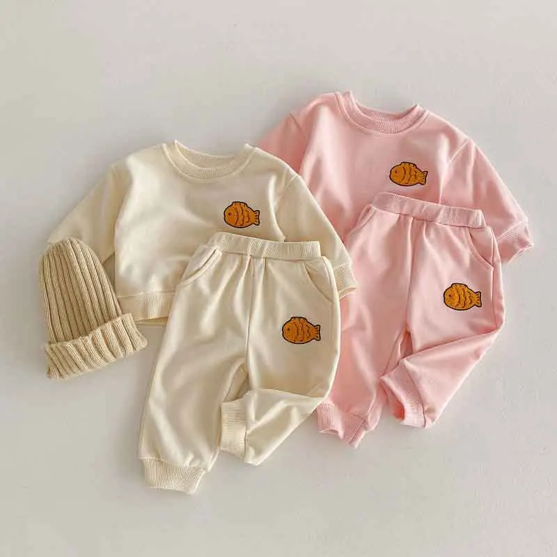 

INS New Baby Pant Set 0-3Years Kids Boy Girl Long Sleeve Fish Embroidery Pullover Sweater+Jogger Trouser 2PCS Tracksuit Clothes